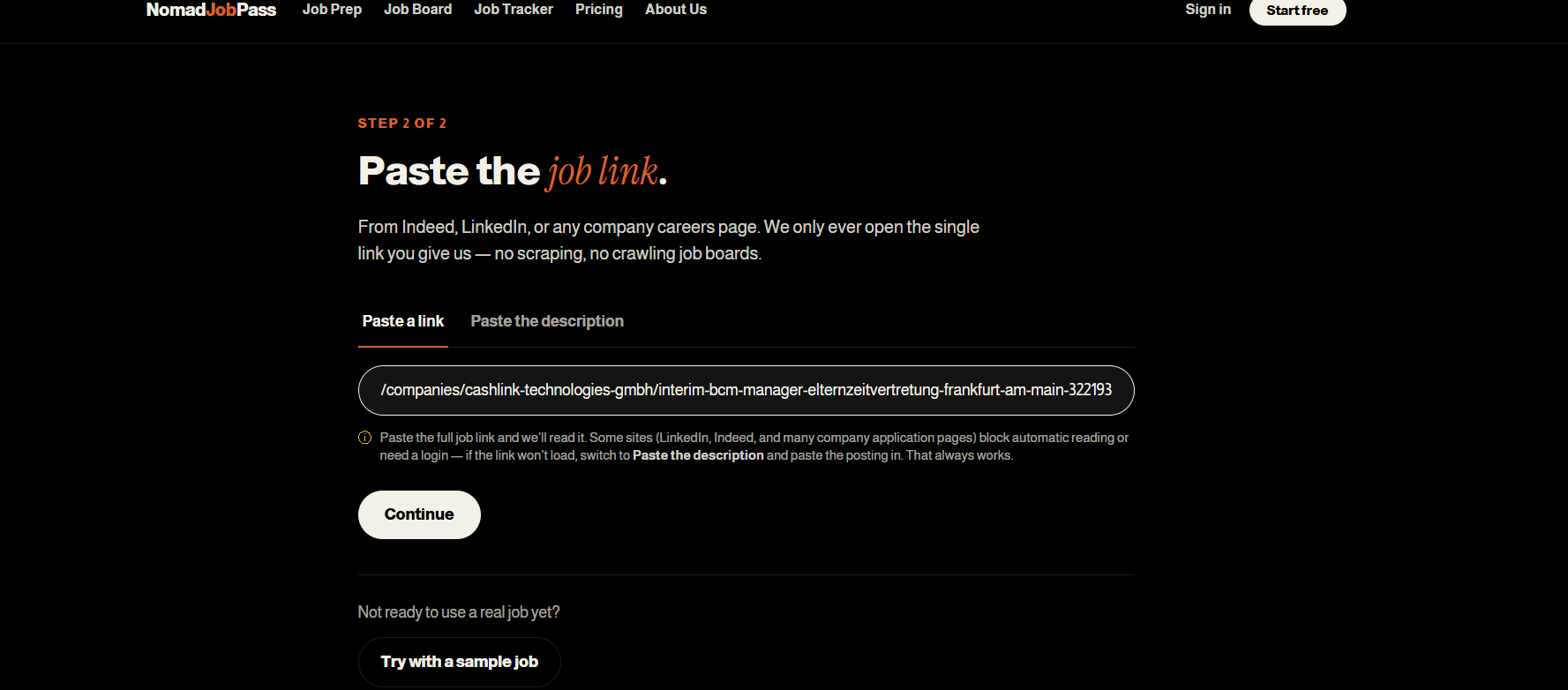 Job Prep page with a job link pasted in