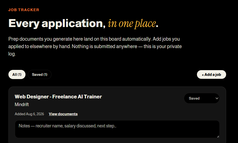 Tracker board showing application statuses